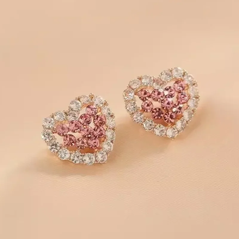 FashionElegant Pink Rhinestone Heart Studs - Matt Gold Plated, Chic and Comfortable Fashion Earrings, Ideal Gift Niche Style Hot