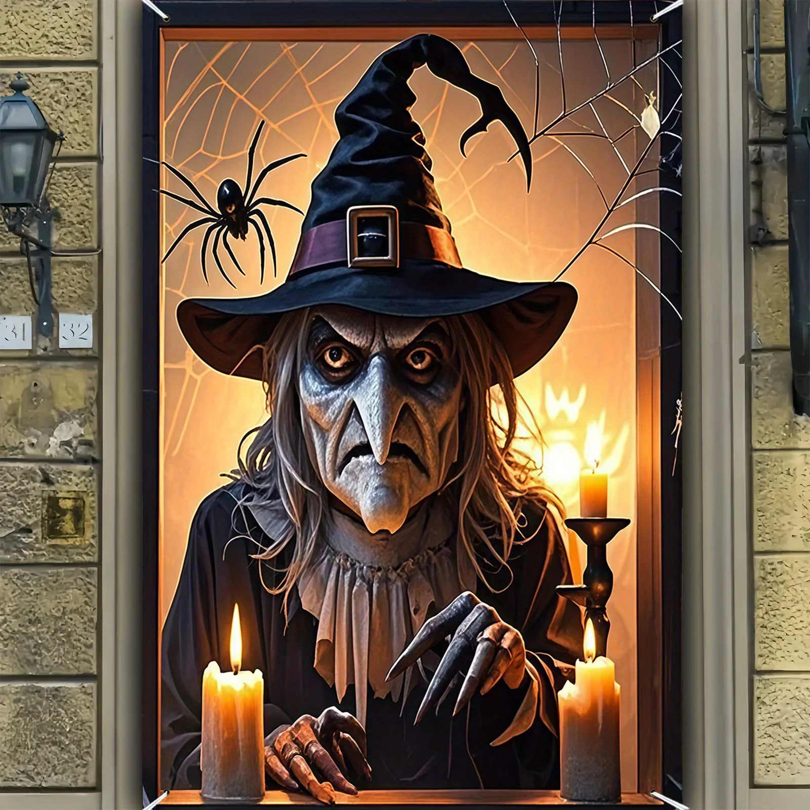 قطعة واحدة من لافتة نافذة ساحرة الهالوين - تصميم ساحرة شبح البوليستر، الشموع والقرع، ديكور حفلات الهالوين