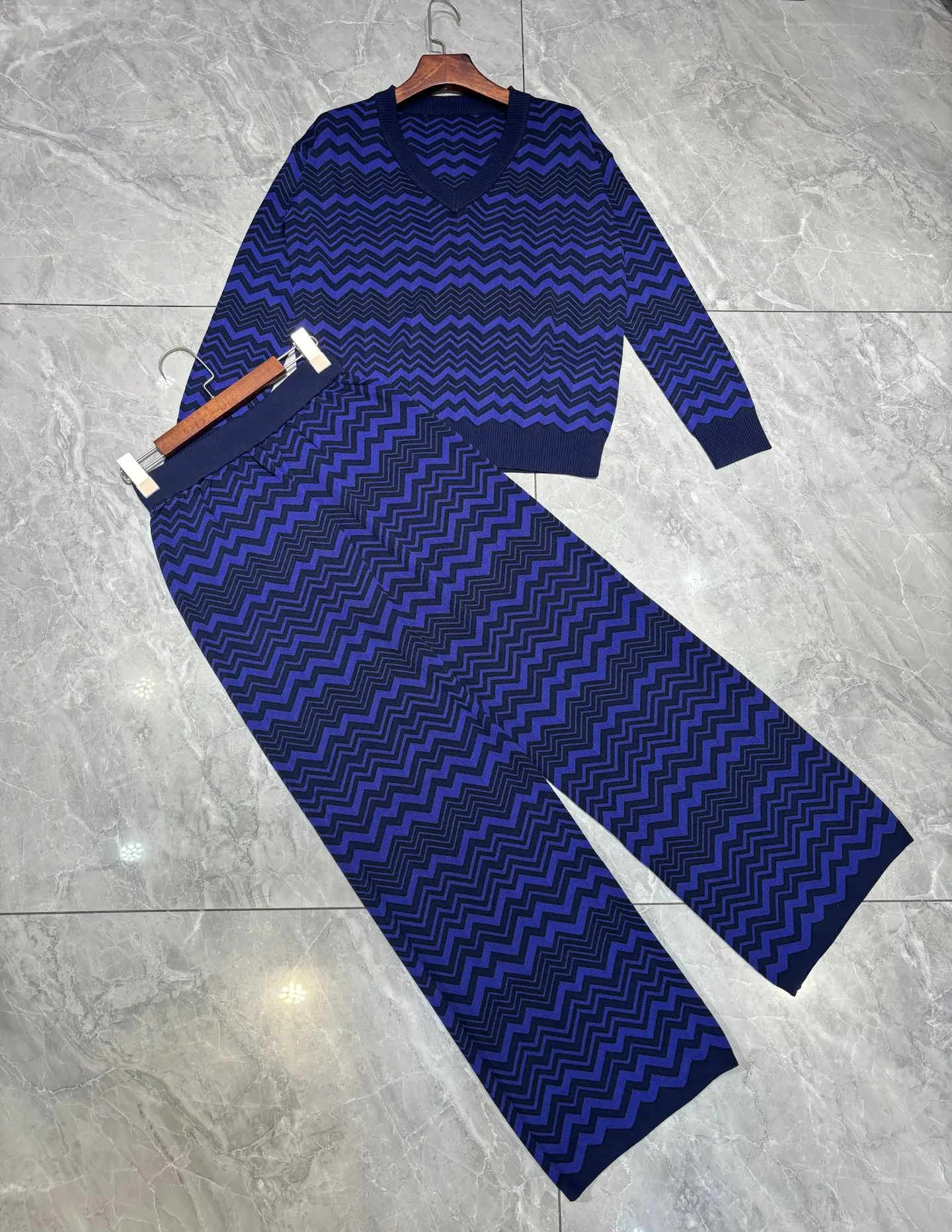 Spring Fashion Dark Blue Vintage Zigzag Pattern Knitting Trousers Suit Women's O-Neck Long Sleeve Tops + Straight Barrel Pants