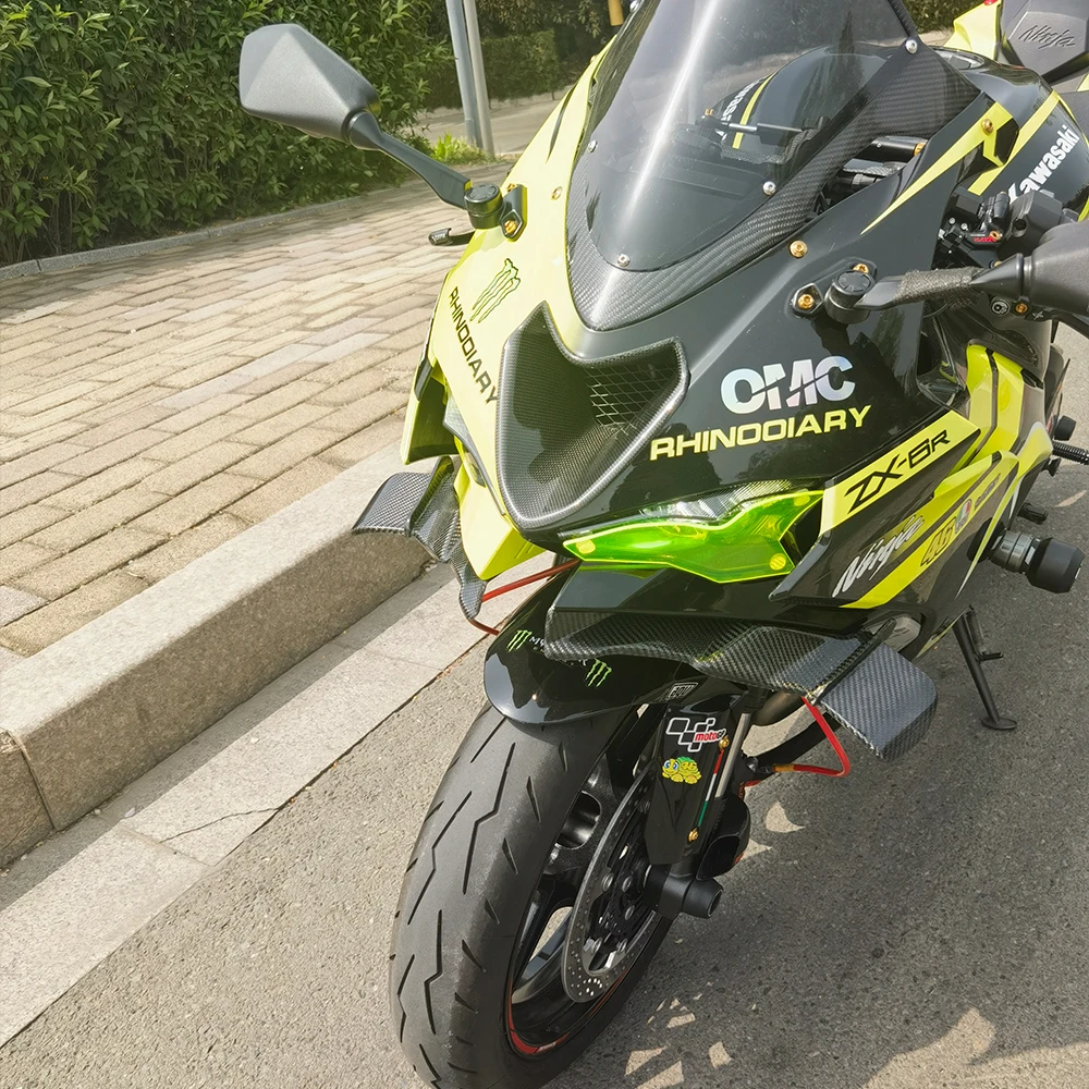 ZX6R 2024 ألياف الكربون دراجة نارية عارية الجبهة سبويلر وينجليت الهوائية GP الجناح عدة سبويلر جديد لكاواساكي ZX-6R 2024-2025