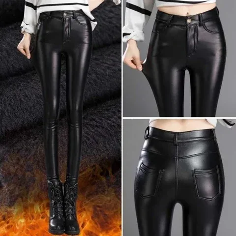 

Korean Size Pu Pants Women's Small Korean Fashion Women Clothing Y2k Pants Leather Plush Thickened High Waist Elastic
