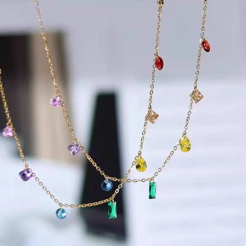 2026 Fren Chic Multi Semi-precious Gemstone Stainless Steel Necklace Sweatproof Colorfast Rainbow Charm Choker Summer Jewelry