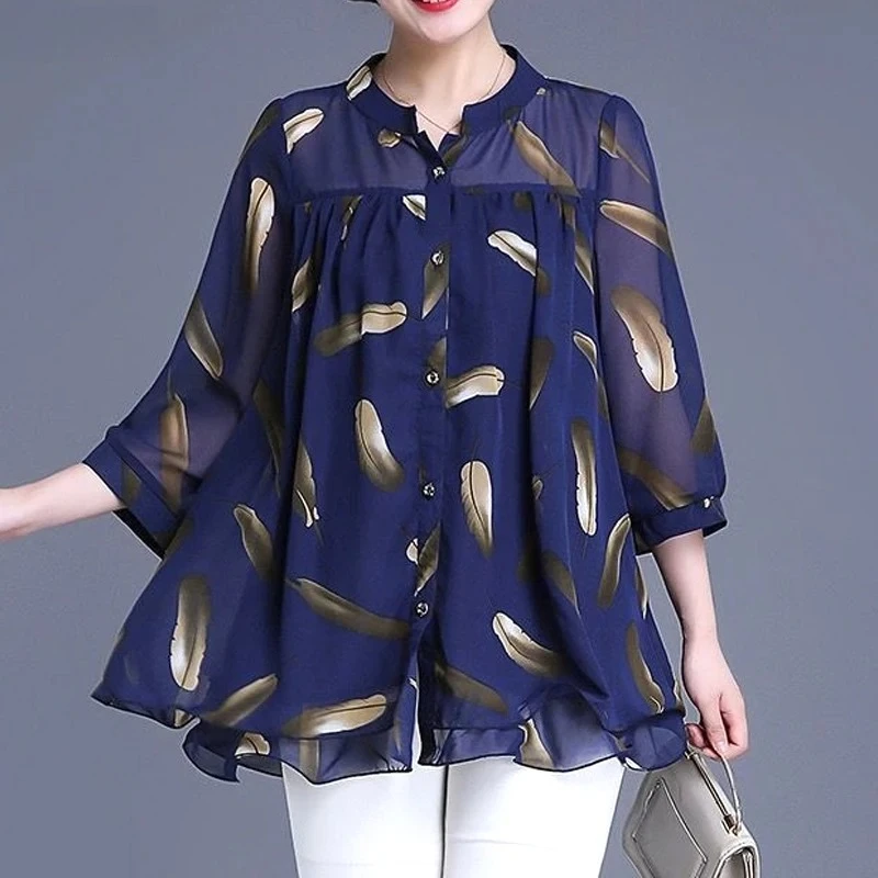 

Women's Clothing Printing Loose Comfortable Button Three Quarter Sleeve Round Neck Thin Korean Elegant Fashion Summer Blouses