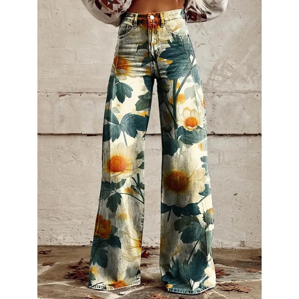 Damen Boho Blumenmuster High-Waist Weite Hose Retro Y2K Western Lässige Loose-Fit Hose mit Taschen Sexy Mädchenhafte Streetwear – Detail 2