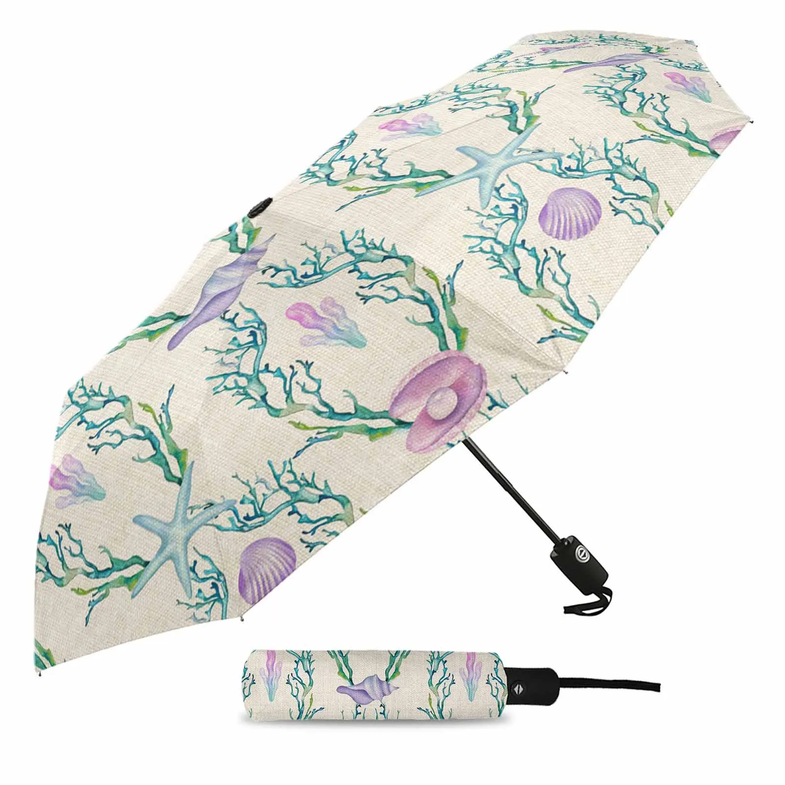 Pearl Starfish Coral Outdoor Printed Rain Umbrella for Women Fully-automatic Foldable Sun Umbrella Beach Umbrella