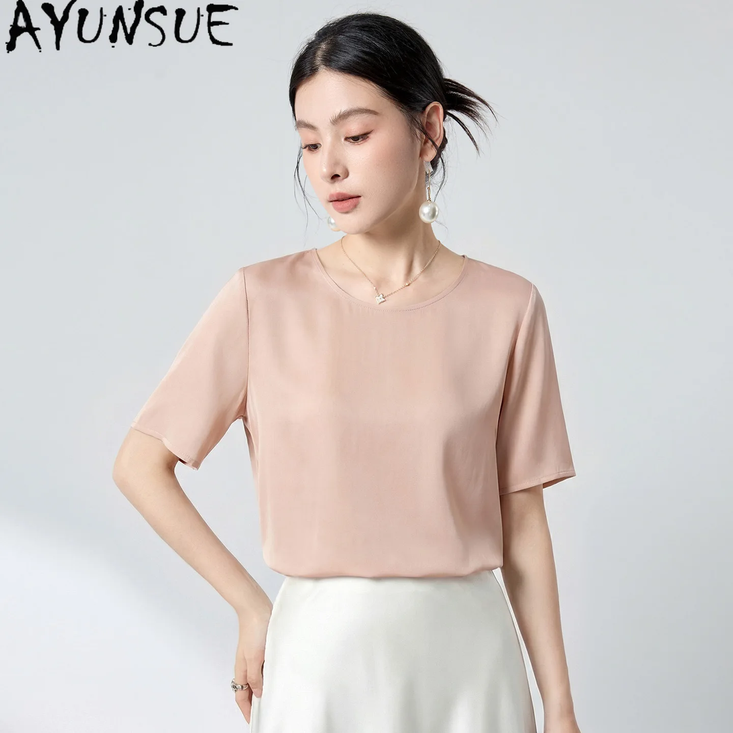 AYUNSUE 41.1% Real Mulberry Silk Shirts for Women 20MM Silk Women's Tops Commuter T-shirts Summer Women Clothes 2026 Топ Женский