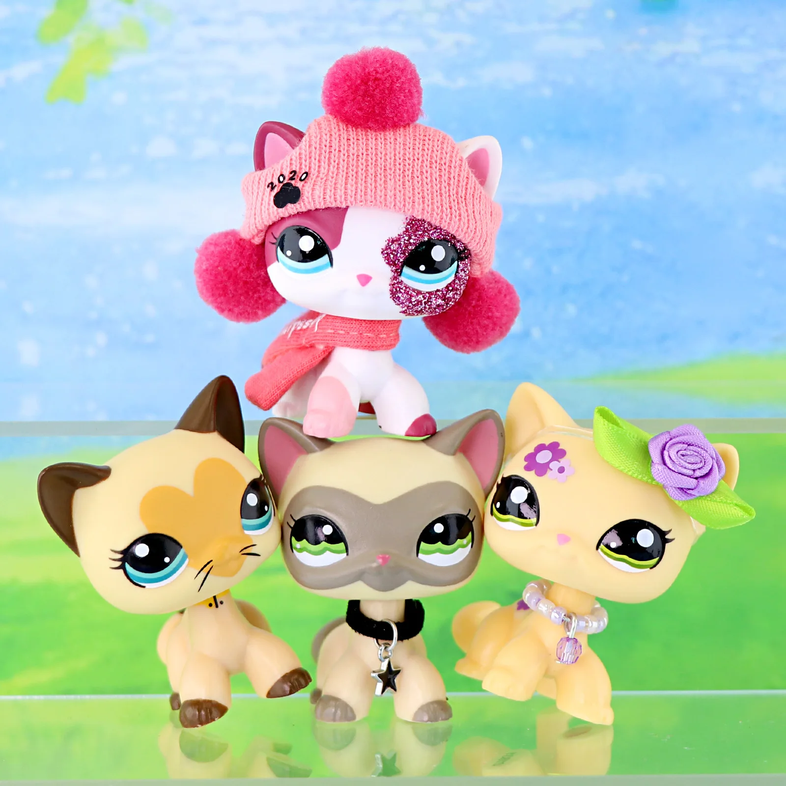 4 szt. Miniaturowe figurki zwierząt Minilpsshop - Kot krótkowłosy # 1116 # 3573 # 2291 # Zabawki typu bobble head z 1962 roku, kolekcjonerskie, przezroczyste łączniki