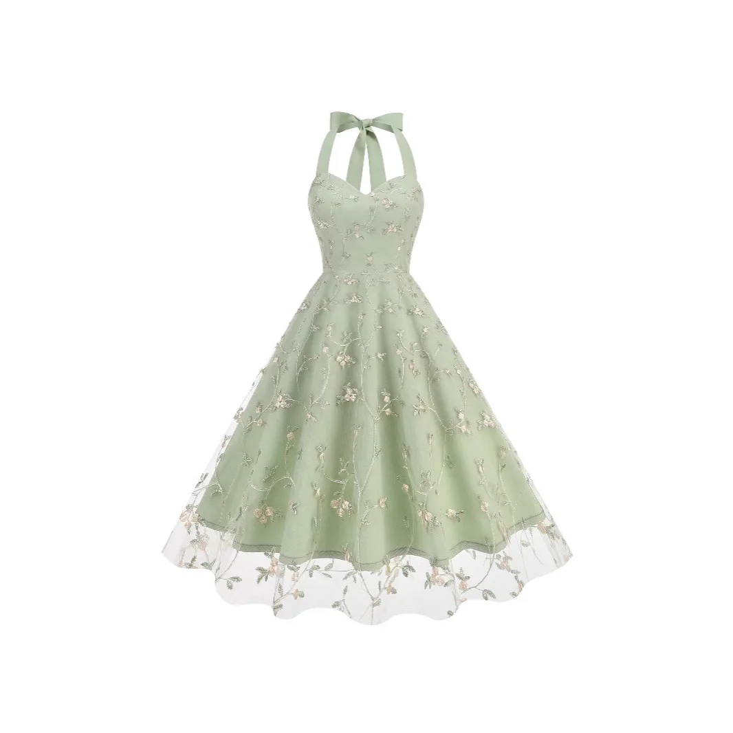 KIDCRKJ Neckholder-Kleid mit Herzausschnitt, sexy Abendkleid, Vintage-Partykleid, mit Blumenmuster bestickt, Mesh-Overlay, Ballkleid für Damen, rückenfreies Kleid