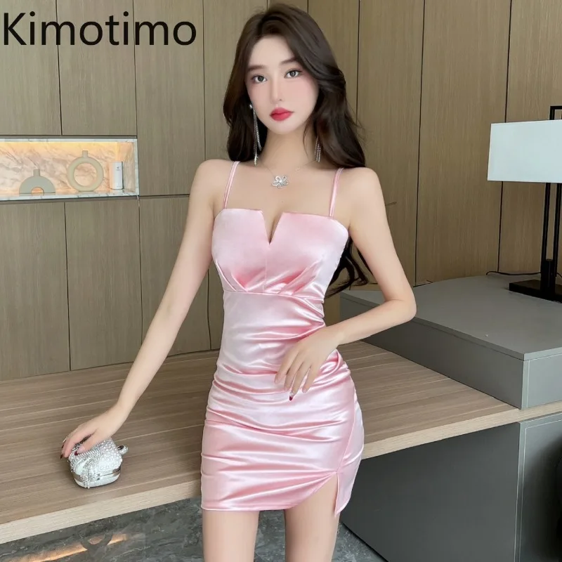 Kimotimo Sexy Spaghetti Strap Satin Night Party Dress Women Summer Fashion Deep V Neck Folds Waist Short Wrapped Bodycon Dresses