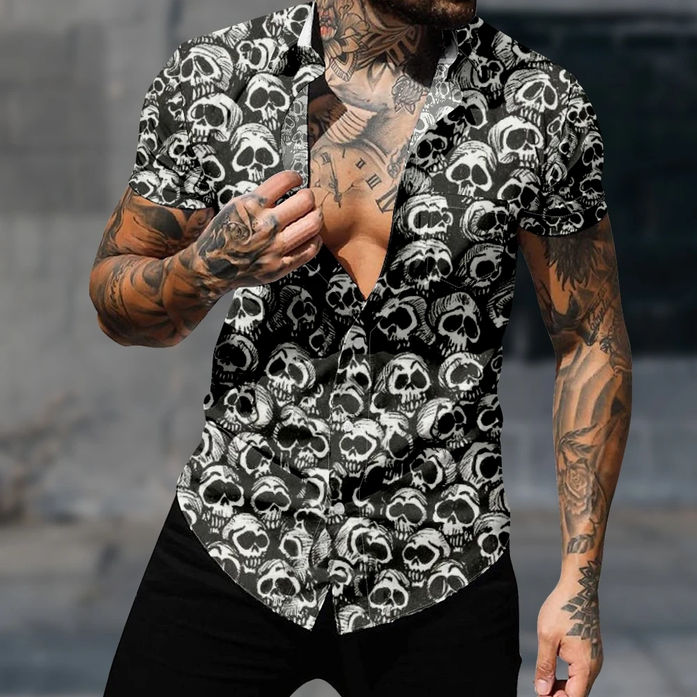 

Casual Hawaiian Shirt Short Sleeve Shirt For Man Hiphop Skull Harajuku Y2k Fashion Gothic Streetwear Cozy Beach Clothes