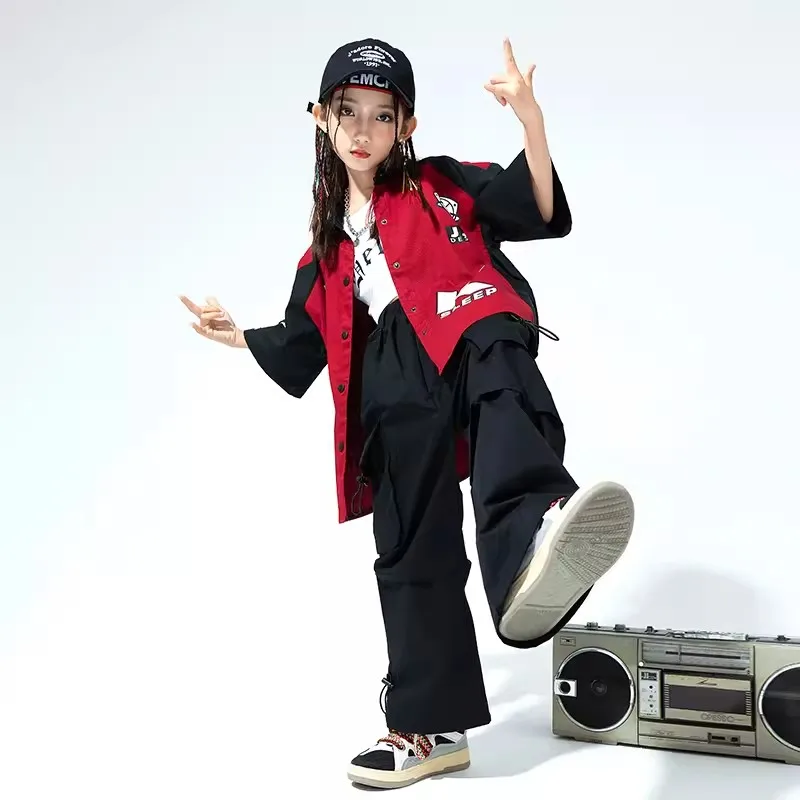 Traje de baile de Jazz para niñas, chaqueta de béisbol de manga corta, pantalones para niños, ropa de actuación de Hip Hop, ropa de escenario de grupo BL11400