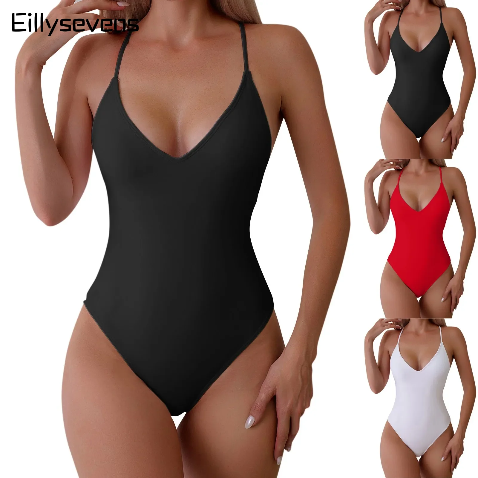 Women'S One-Piece Swimsuit Casual Fashion Solid Color Sexy Backless Beach Bikini Adjustable Strap Lace-Up High Cut Swimsuit