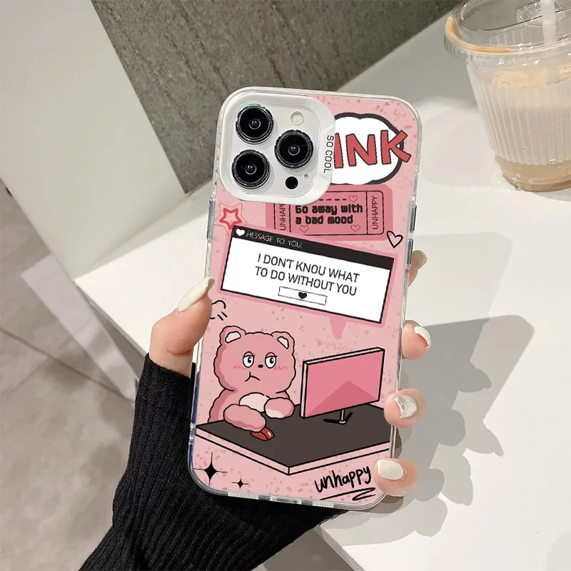 Cute Bear Cat Phone Case for IPhone 16 15 14 13 12 11 Pro Max X XR XS MAX 8 7 Plus Matte Shockproof Back Cover INS Fashion Shell