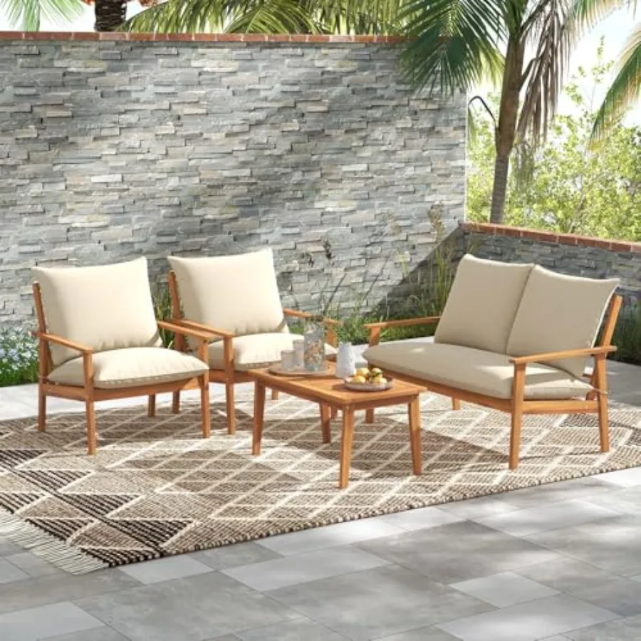 Outdoor acacia wood patio furniture set with natural finish and soft cushions: 4-piece conversation set including sectional sof