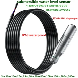 Sensore di livello del liquido dell'acqua 4-20mA trasmettitore di livello 0-3.3v SS304 sensore di livello dell'acqua 0-10V RS485 5m 20m 50m 100m 300m cableRange