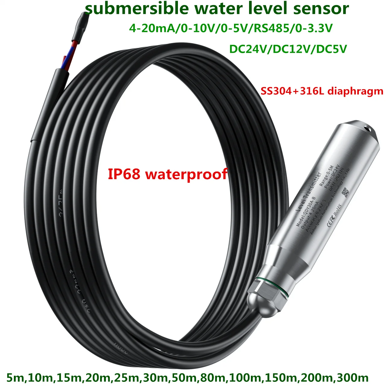 Água Nível Transmissor e Líquido Nível Sensor Ss304 Água Nível Sensor para 10v Rs485 420ma para 3.3v 5m 20m 50m 100m Alcance do Cabo 300m