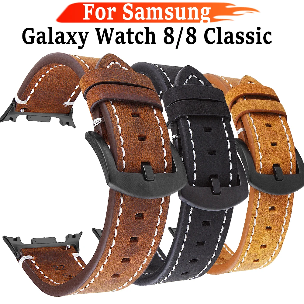 Rindsleder-Uhrenarmband für Samsung Galaxy Watch8 40/44 mm 8, klassisches 46 mm-Armband, Vintage-Schwarz-Armband, ersetzt Damen- und Herrengürtel
