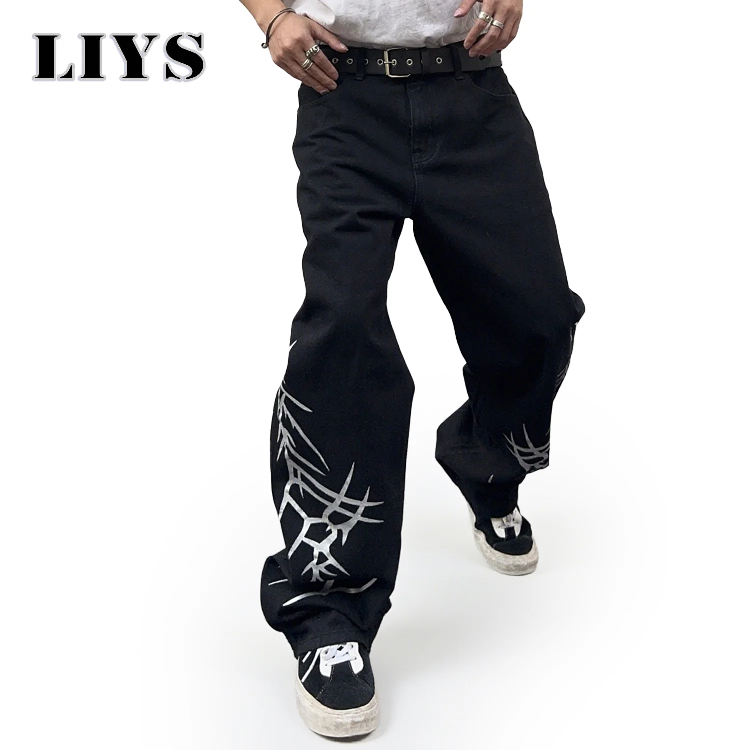 

American Men's Retro Thorn Print Black Jeans Y2K Casual Loose Straight Leg Denim Pants Fashion Personalized Autumn Winter Jeans