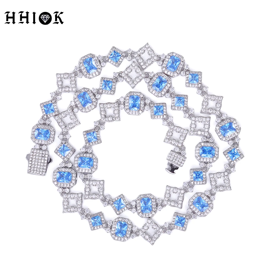 

2026 New Women High end Jewelry Necklace Blue Gemstone Square Luxury Cube Zirconia Solid Brass Hip Hop Jewelry