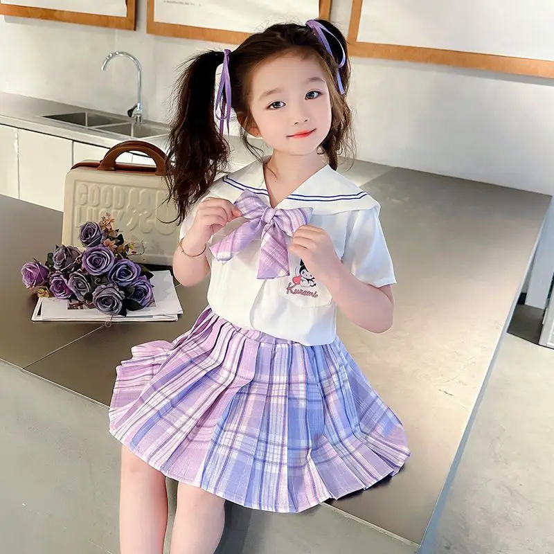 

2Pcs Kuromi Kids Clothes Plaid Skirt Set Summer Korean Japanese Children's T-Shirt Pleated Skirt Sanrio Kawaii Girl Jk Uniform