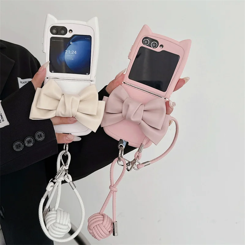 

3D Bow Leather Lanyard Cat Ears Phone Case For Samsung Galaxy Z Flip 6 5 4 3 ZFlip 6 Z Flip6 ZFlip6 Shockproof Cover