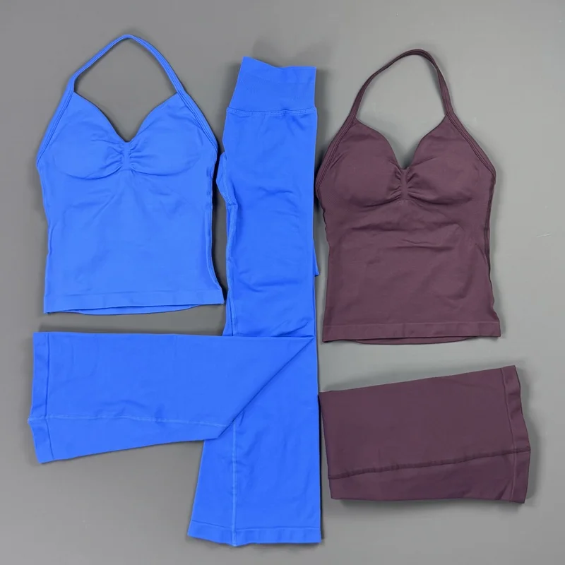 2-teiliges Yoga-Set für Damen: V-Ausschnitt, gepolstertes langes Camisole-Oberteil, High-Waist Bootcut Flare Leggings – Weiches, dehnbares Gym-, Pilates- und Workout-Outfit – Detail 6