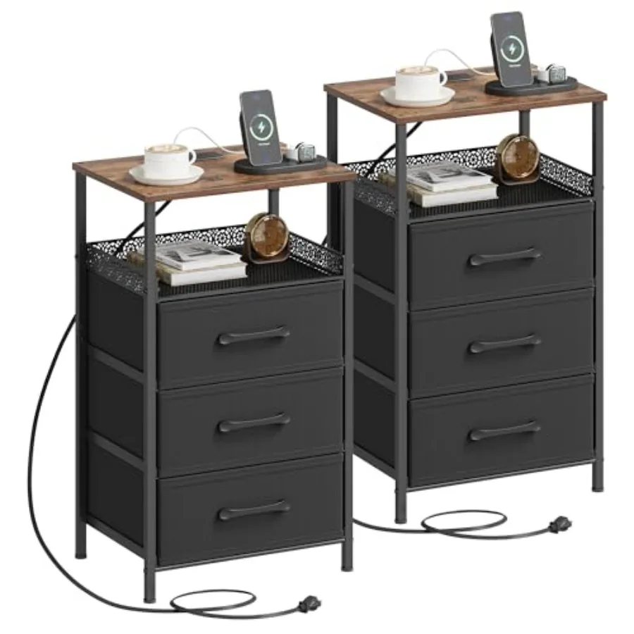 

Прикроватные тумбочки (комплект из 2 шт.) с зарядной станцией, высотой 26,4 дюйма, с металлической полкой, современные приставные столики с 3 отделениями для хранения