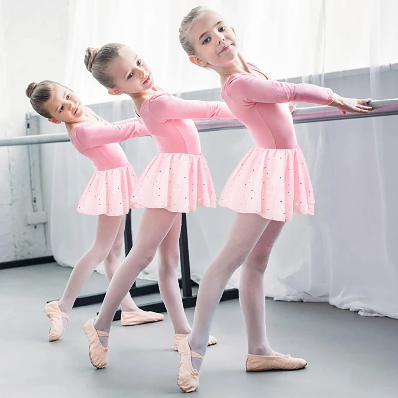 

Girls Long Sleeve Ballet Leotards Toddler Criss-Cross Back Dance Dresses Kids Shiny chiffon skirt