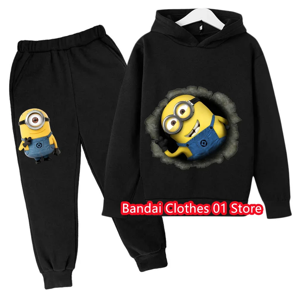 2024 Minions Long Sleeve Hoodie Pant Set Pure Cotton Fun Cartoon Graphics Soft Warm for Fall Winter Boy Girl Ideal Daily Wear