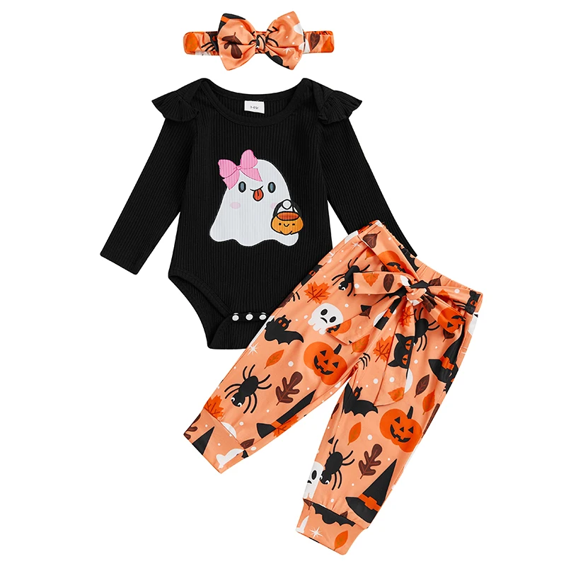 

Baby Girl Halloween Outfit Ghost Print Long Sleeve Romper Pants with Fixed Belt Bow Headband 3 Piece Set for Fall