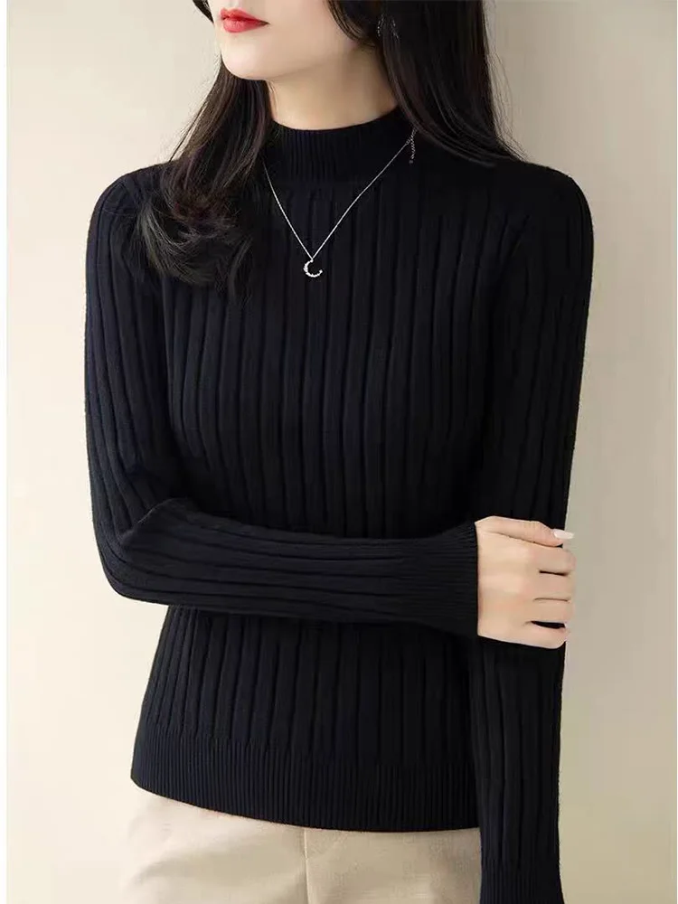 

Black White Sweater Women Knitting Tops Mock Neck Long Sleeve Slim Pullover Casual Basic Knitwear Woman Autumn Winter Pull Femme