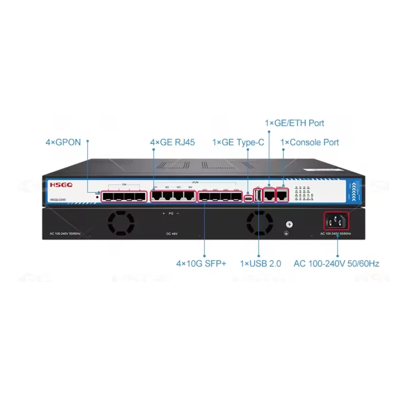HSGQ-G04R 4-портовый GPON OLT 10GE SFP+ Type-C 1000M RJ45, оптическое сетевое оборудование с 4 портами PON для широкополосной связи