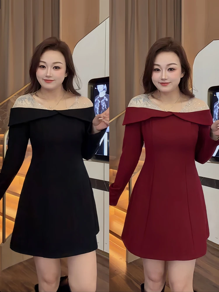 

Ele Red Diamond Embellied One-oulder Maxi Dr for plus Size Women Winter New Year's Faion Ci Commute Dr