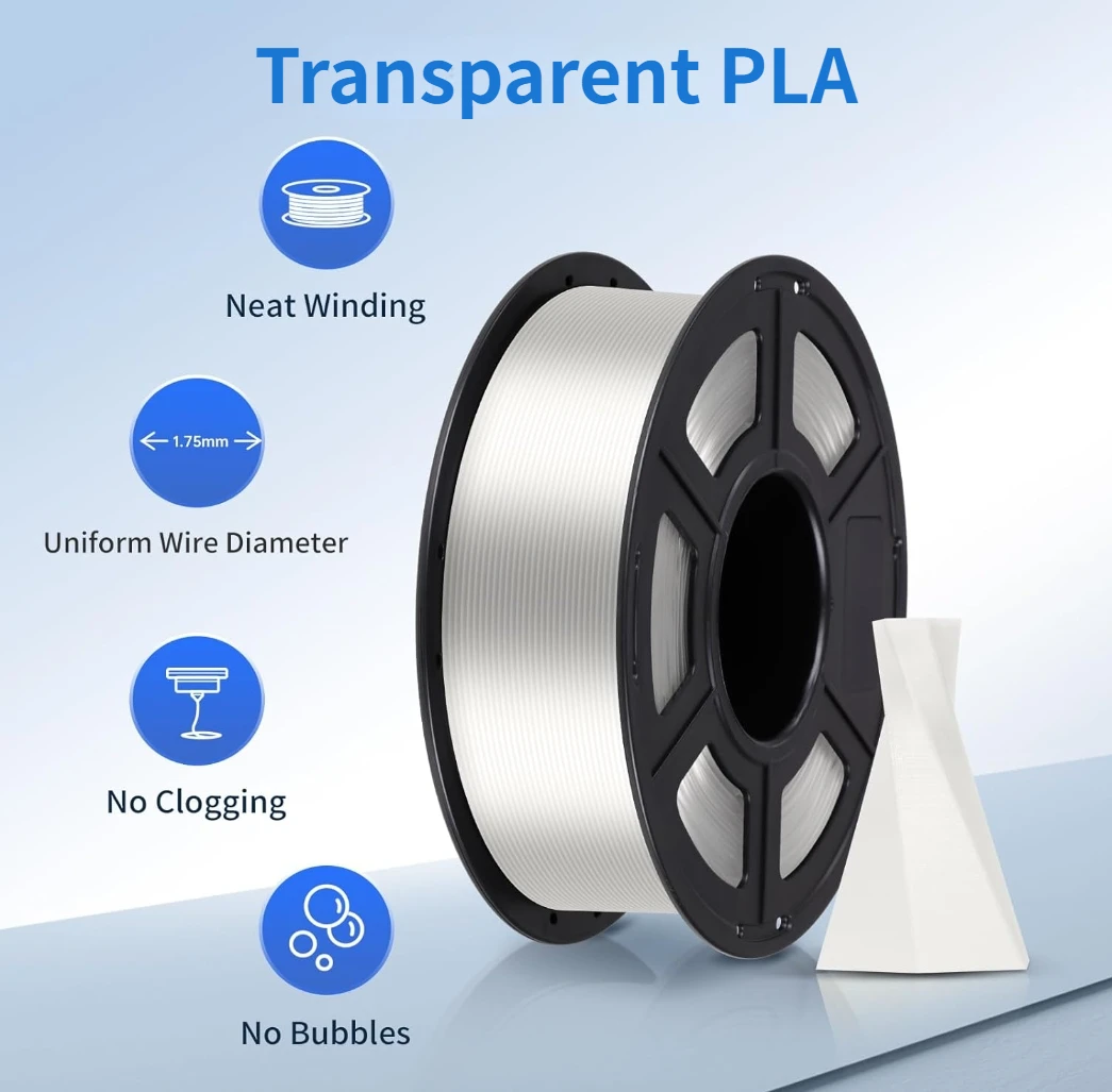 Transparent PLA,Neatly Wound 3D Printing Filament,+/-0.02mm Dimensional Accuracy,Fits Most FDM Printers,1kg Spool,translucent