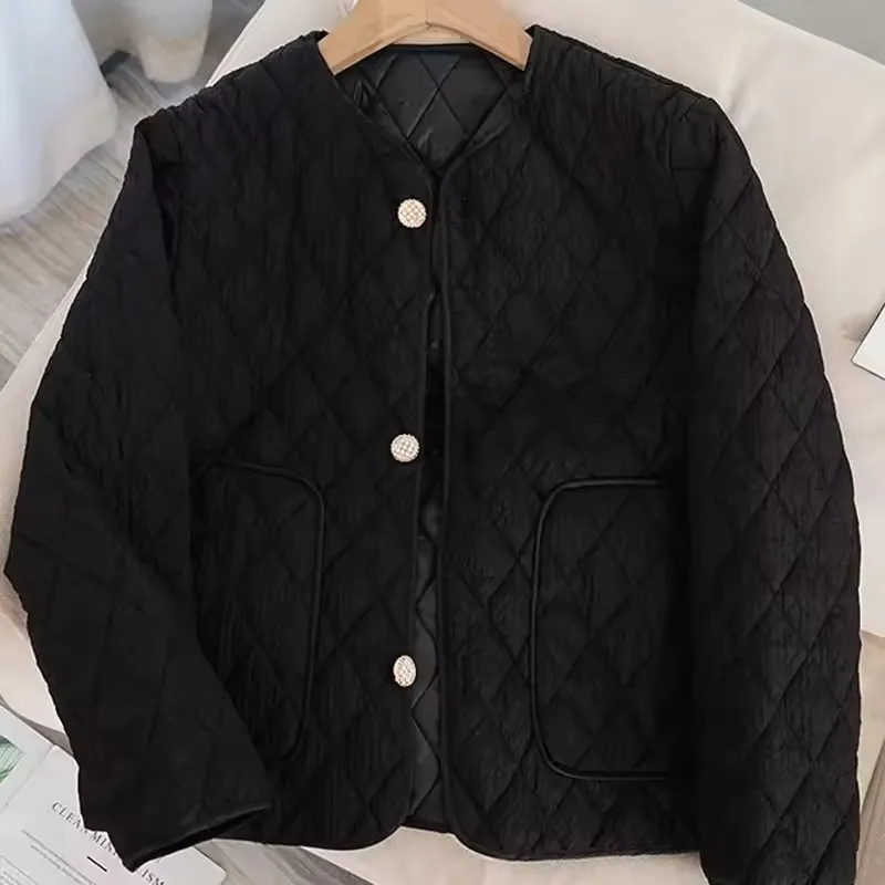 Frauen Baumwolle Gefütterte Jacke Feste Beiläufige Lose Leichte Kragenlose Parkas 2025, Herbst Langarm Stepp Oberbekleidung Weibliche