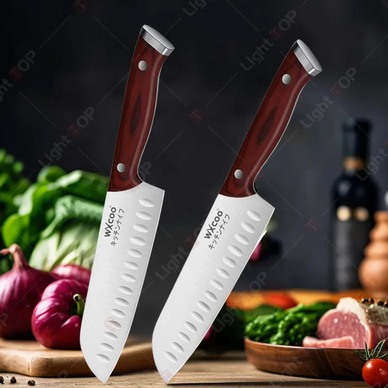 Japanisches Kochmesser aus Edelstahl, Santoku-Schneiden, Küchenmesser, Fleischbeil, ultrascharfes Fischgräten-Obstmesser, Holzgriff
