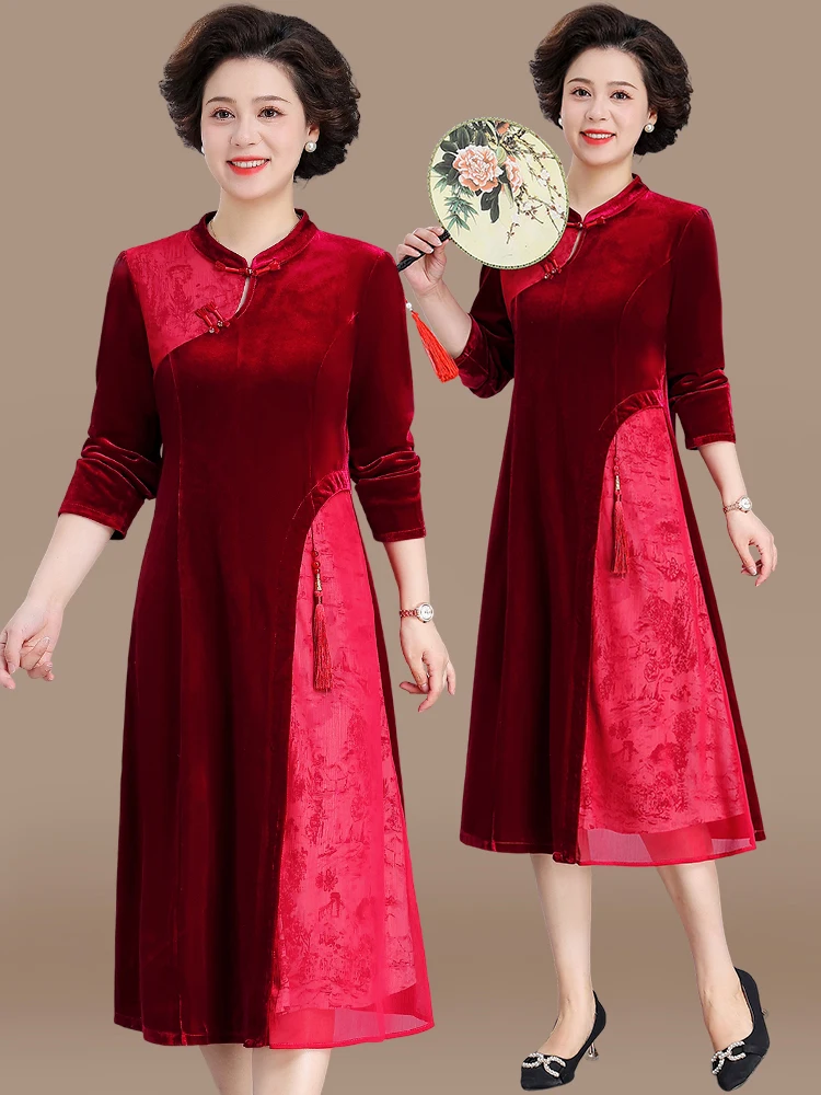

Новое китайское модное бархатное платье с длинным рукавом для женщин среднего и старшего возраста, осенняя одежда для мам