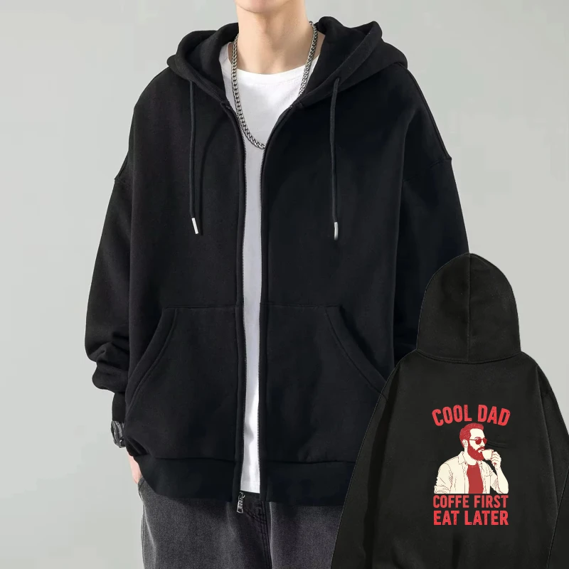 

Mens Hooded Jacket Black Cool Dad Coffee First Eat Later Printed Design Casual Streetwear Sweatshirt for Daily Wear and Gifts