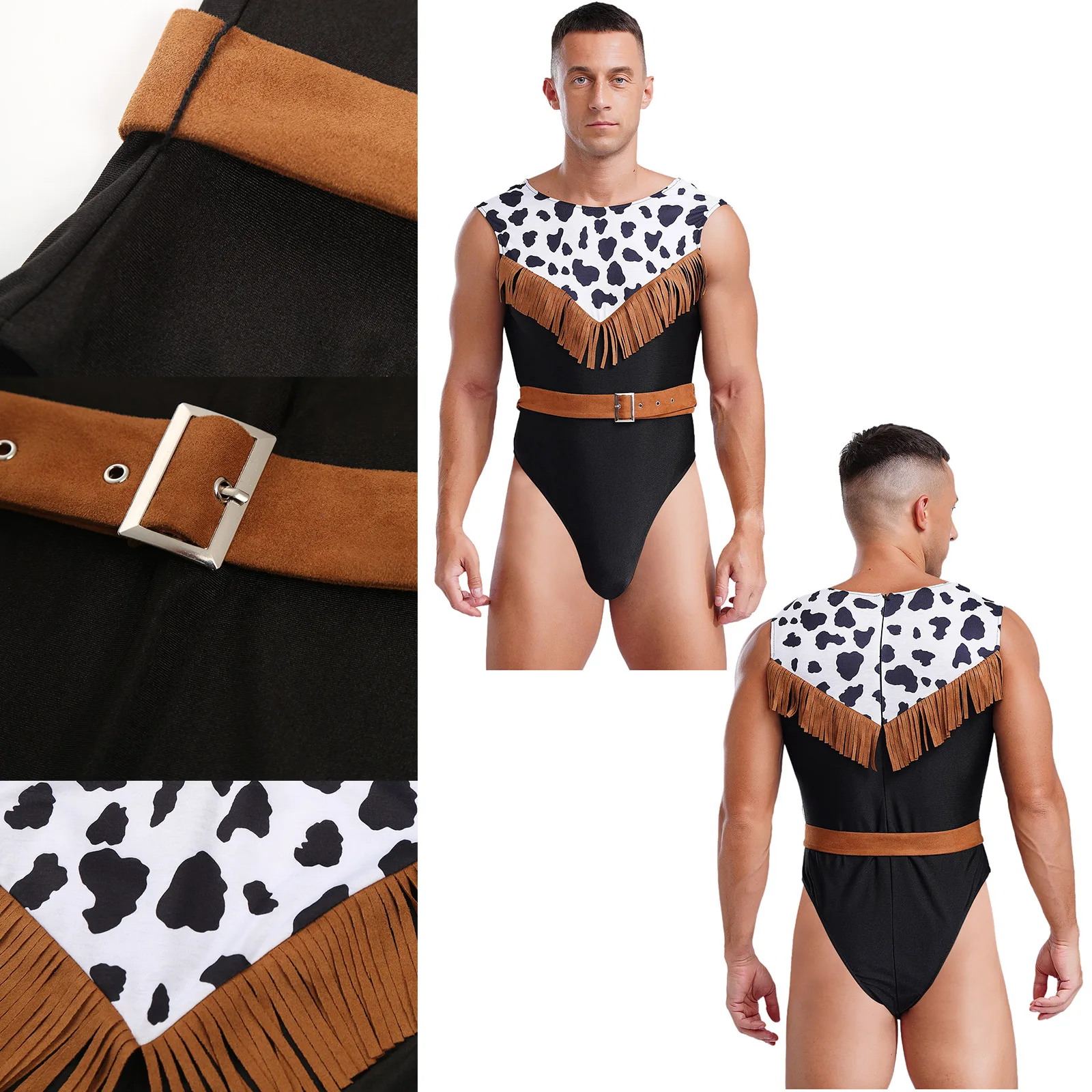 Body de estilo folk vaquero de Halloween para hombre con cinturón sin mangas con estampado de borlas leotardo de una pieza con estampado de vaca disfraz de retazos
