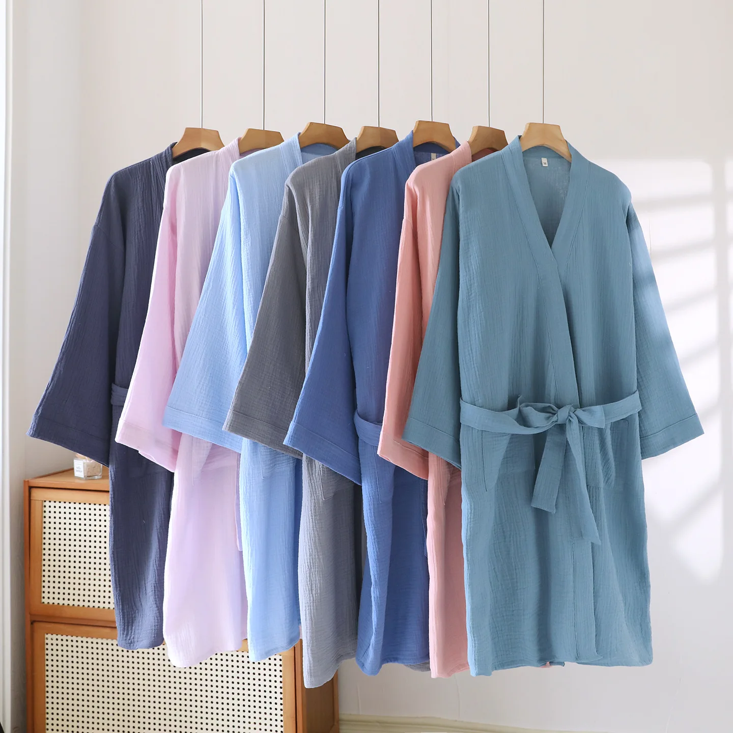 

Solid Color Kimono Robes for Men's and Women's Sleepwear Cotton Yarn Bathrobe Tied Cardigan Thin Home Clothes Couple's Robes