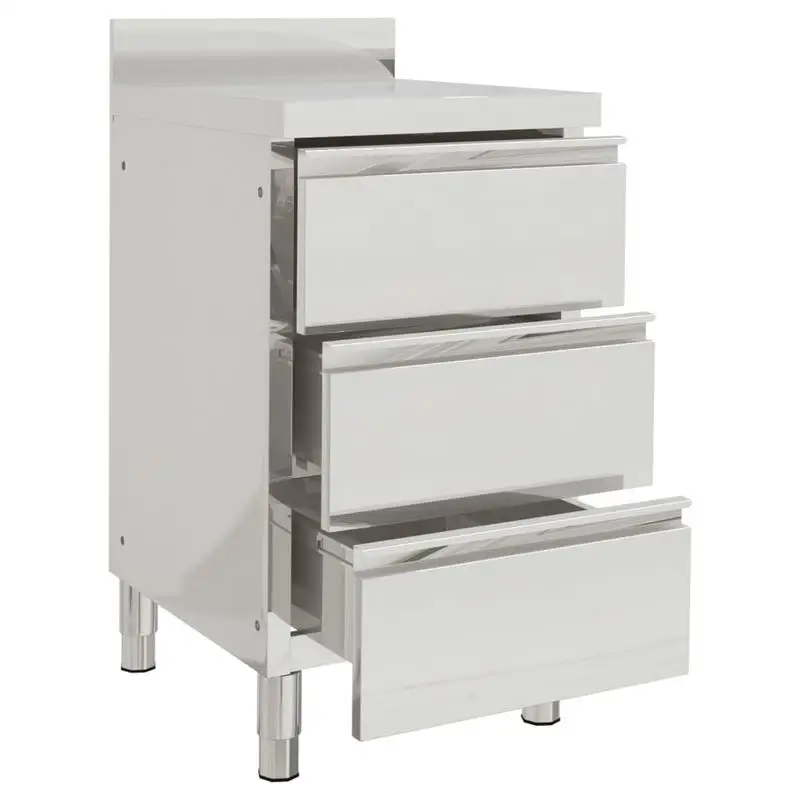 Meuble sous comptoir de cuisine en acier inoxydable alimentaire (50×60×96 cm), avec 3 tiroirs à roulettes, protection anti-éclaboussures de 10 cm et pieds réglables en hauteur. Stable, antirouille et hygiénique pour les restaurants, protection anti-basculement incluse, montage requis.