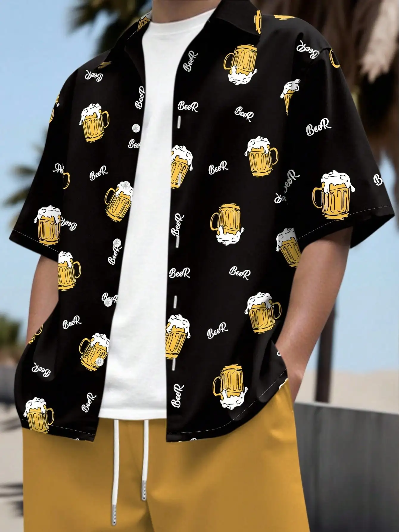 

Men's Black Casual Shirt with Beer Mug Print, Loose Fit Summer Wear