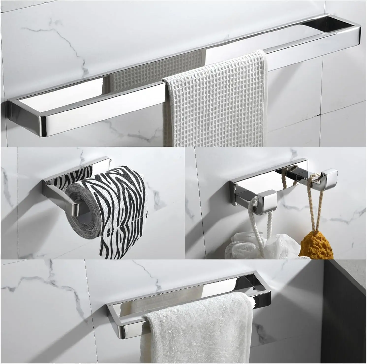 

4-Piece Chrome Bathroom Towel Bar Set, Stainless Steel Wall Mounted Hardware Kit for Modern Decor