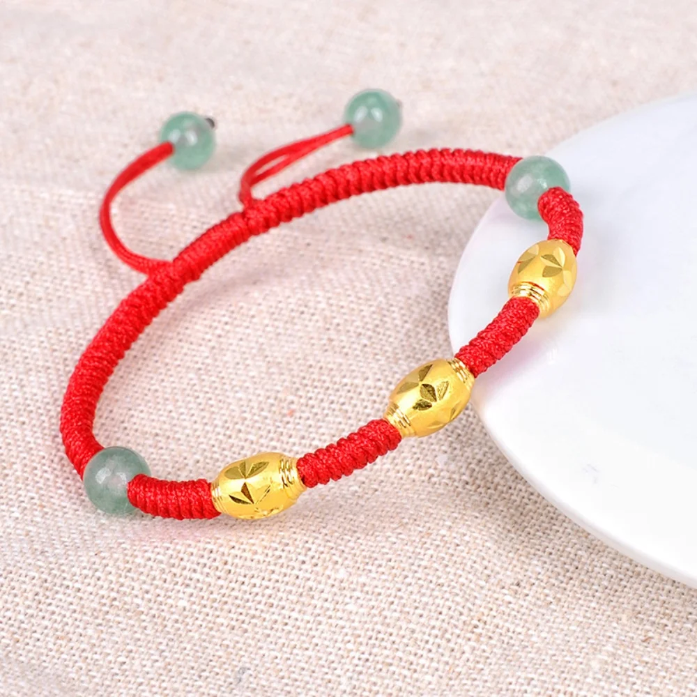 Real 24k Yellow Gold Bracelet Women Lucky Rice Star Oval Bead Red Cord Weave Bracelet