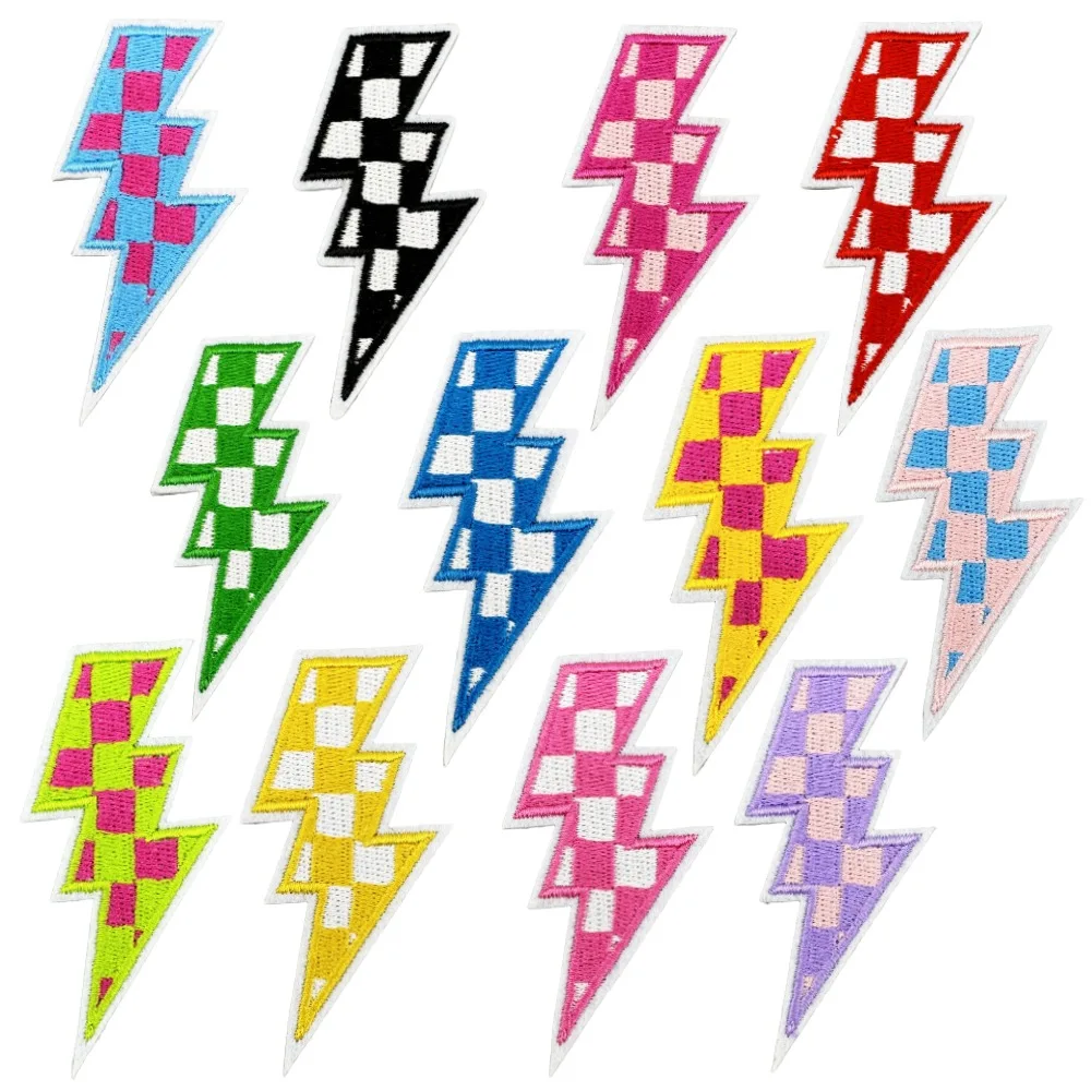 New Checkered Colorful Lightning Bolt hearts Fabric Iron On Patch Computer Embroidery Jacket Hat Decoration Applique