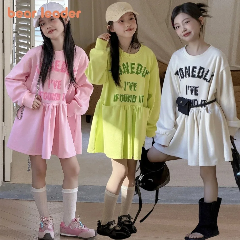 Bear Leader Autumn Casual Sports Korean Version Teenage Girls' Dresses Letter Print Long Sleeved Round Neck Children's Dress