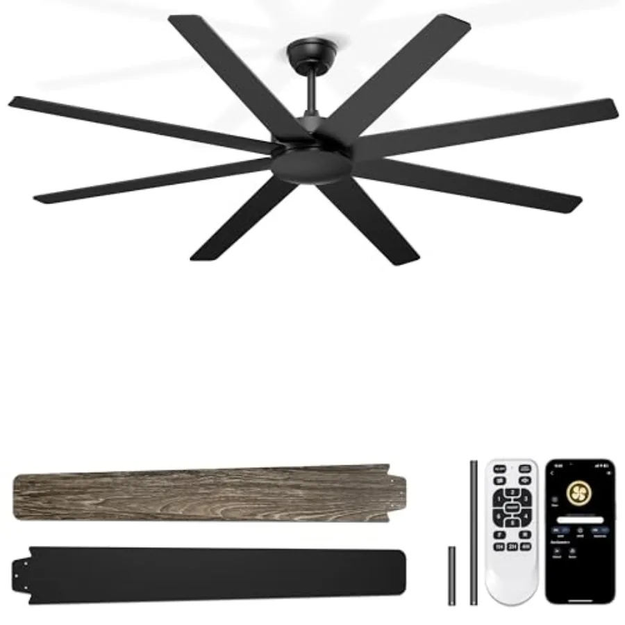 Large ceiling fan for shop, garage, covered outdoor patios; black metal; quiet DC motor, remote/APP control
