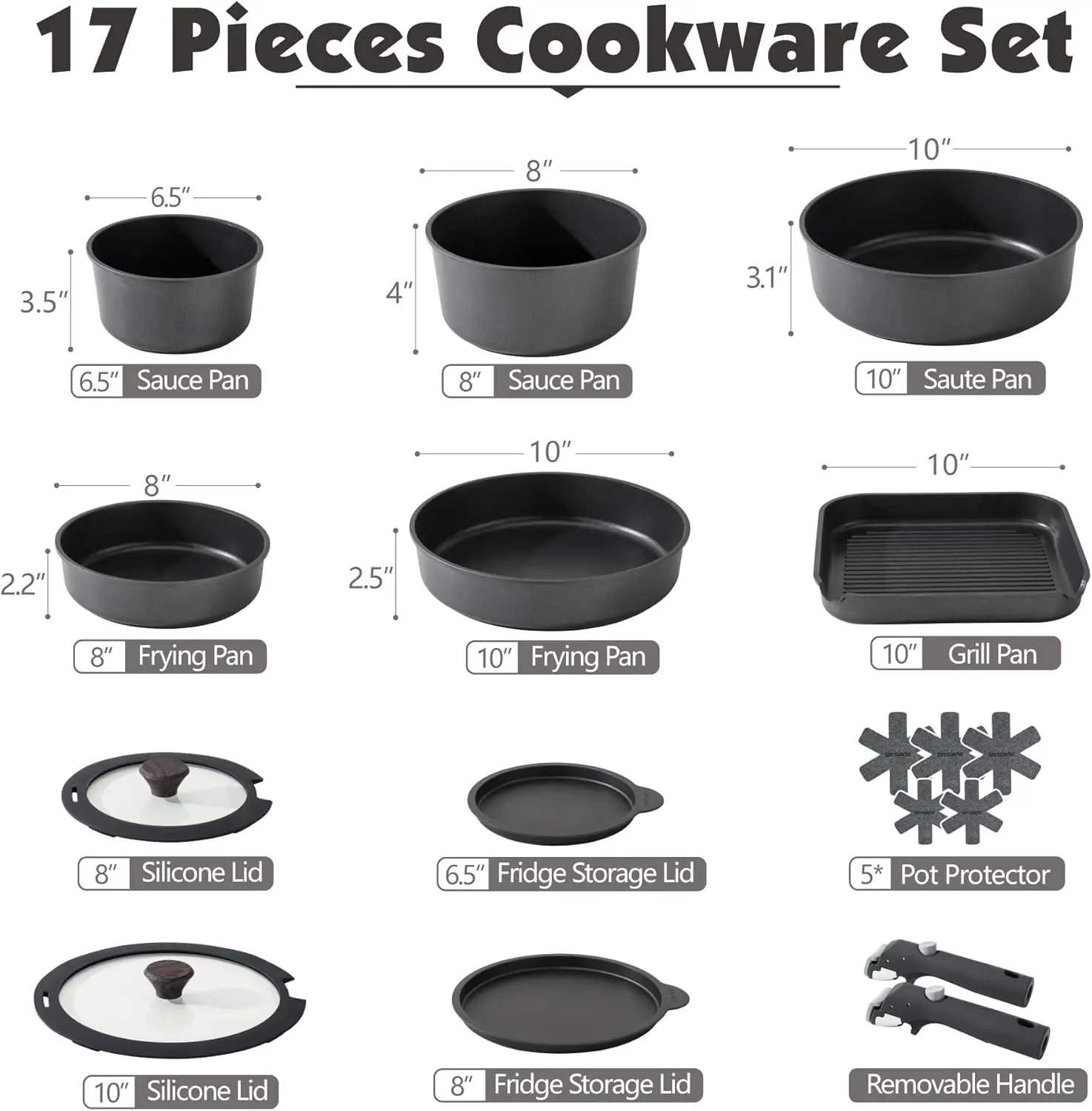 Sensarte 17 Piece Pots And Pans Set, Nonstick Detachable Handle Cookware, Induction Kitchen Cookware Set With Removable Handle,