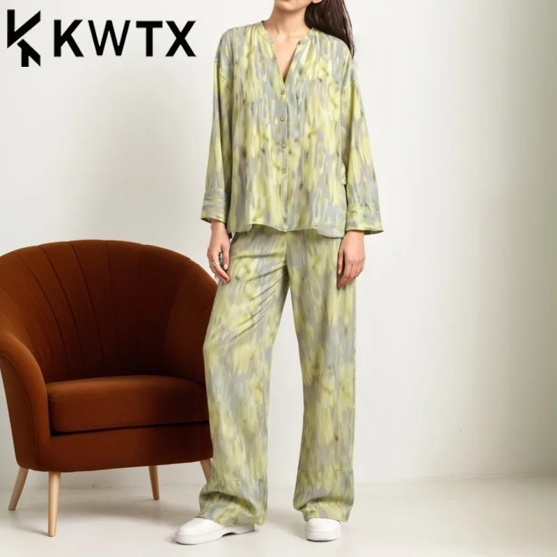 

KWTX 2025 Summer Women's Linen Cotton Printed Shirt & Tie Waist Wide Leg Pants Set Elegant Loose Outfit Green Two Piece Suit
