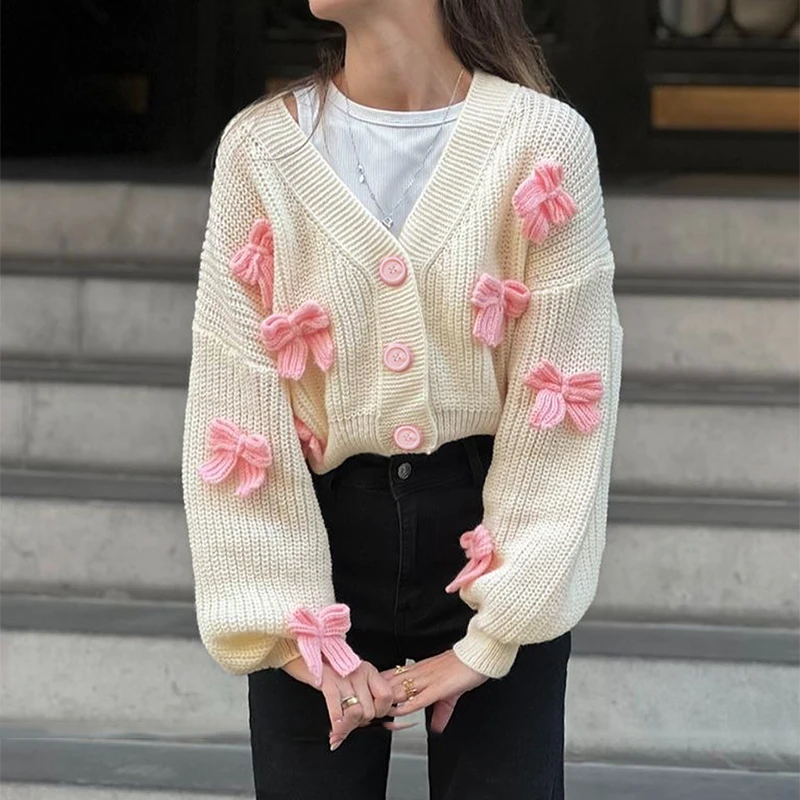 Trendix Winter Knit Embroidered Bow Cardigan Women V Neck Button Casual Long Sleeve Short Sweater Elegant Knitted Cardigan 2024